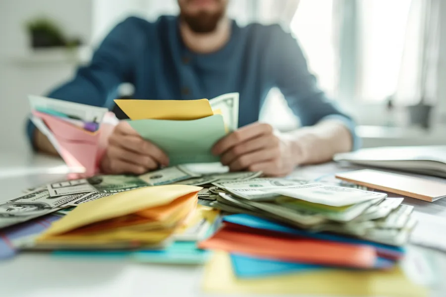 American college graduate sorting colorful budget envelopes at a bright desk