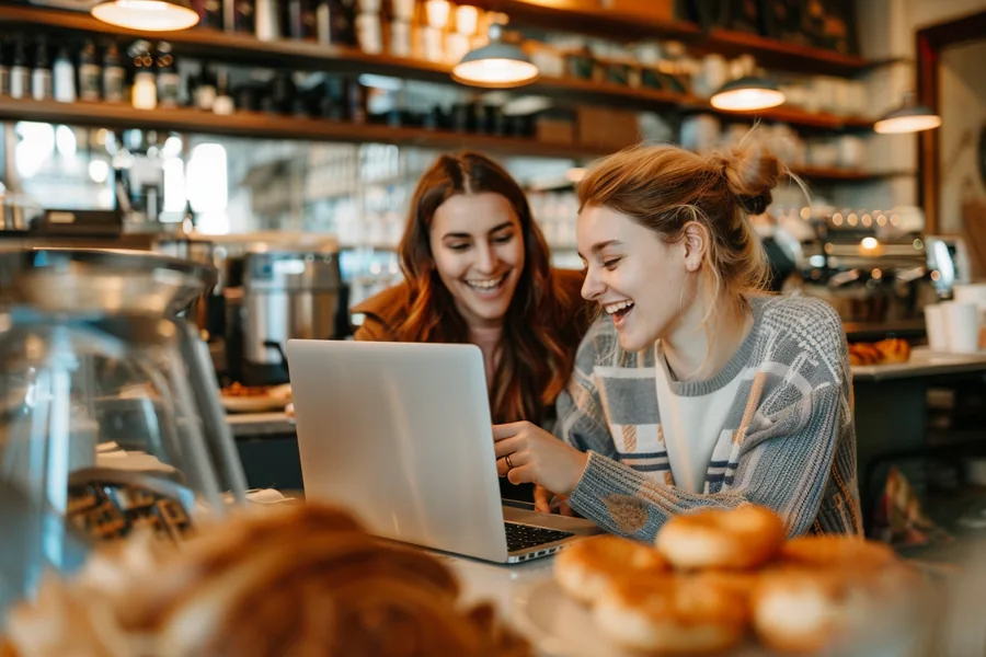 Two American friends comparing lender options on a laptop in a bright kitchen