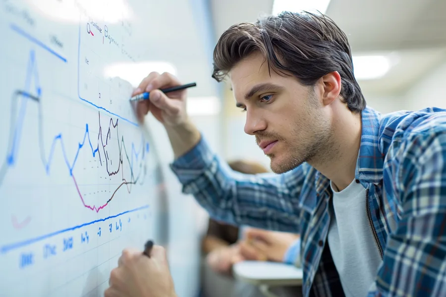 American teacher writing a simple percentage curve on a whiteboard in a sunlit classroom