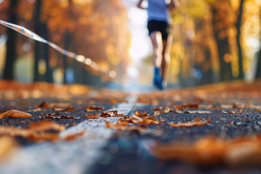 American runner crossing a small finish ribbon in a park at sunrise, the debt-free finish line