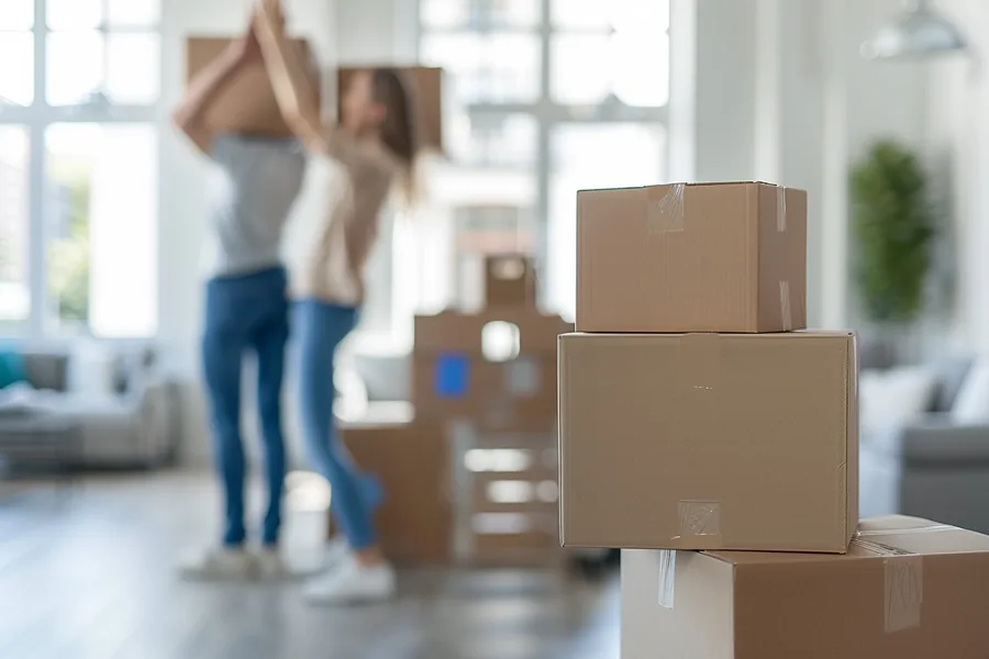 Stack of labeled moving boxes with an American couple carrying a lamp in soft focus