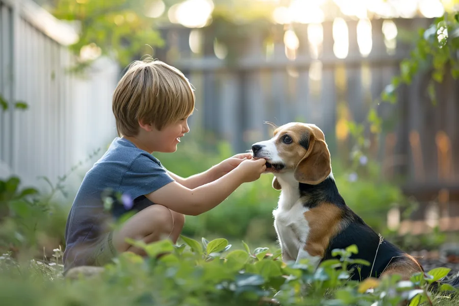 American boy feeding a treat to a beagle in a backyard at golden hour