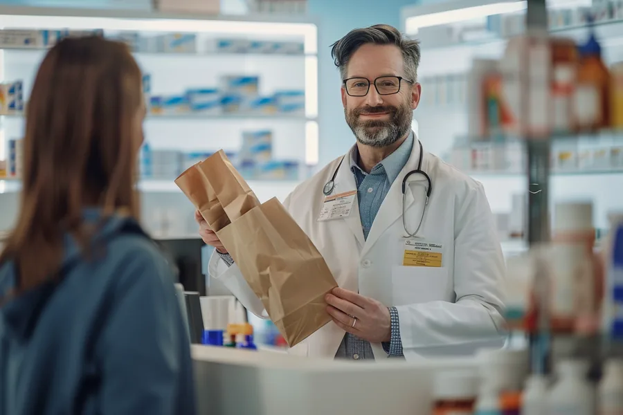 American pharmacist handing a paper bag across the counter with a warm smile