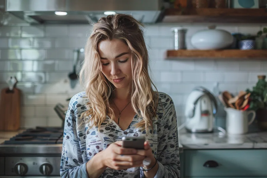 American woman squinting skeptically at a suspicious loan offer on her phone