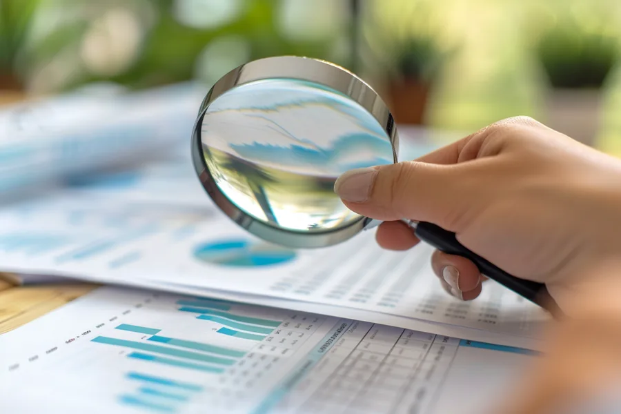 Magnifying glass held over printed charts by an American reviewer at a desk