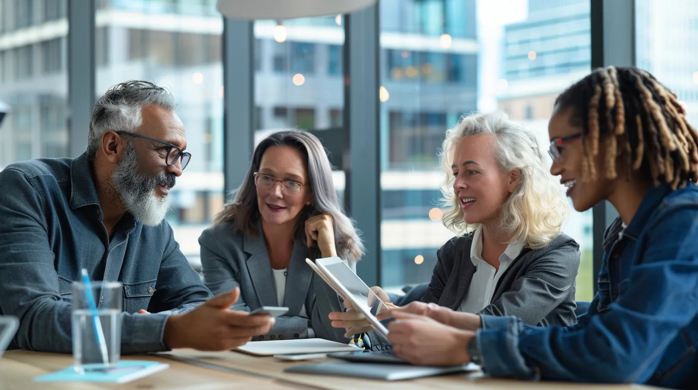 Diverse group of American adults comparing rapid finance loan alternatives on tablets in a modern lounge