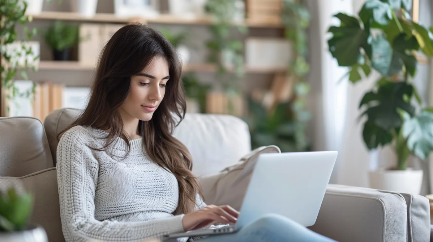 Relaxed American woman on her sofa completing the rapid finance loan request form on a laptop