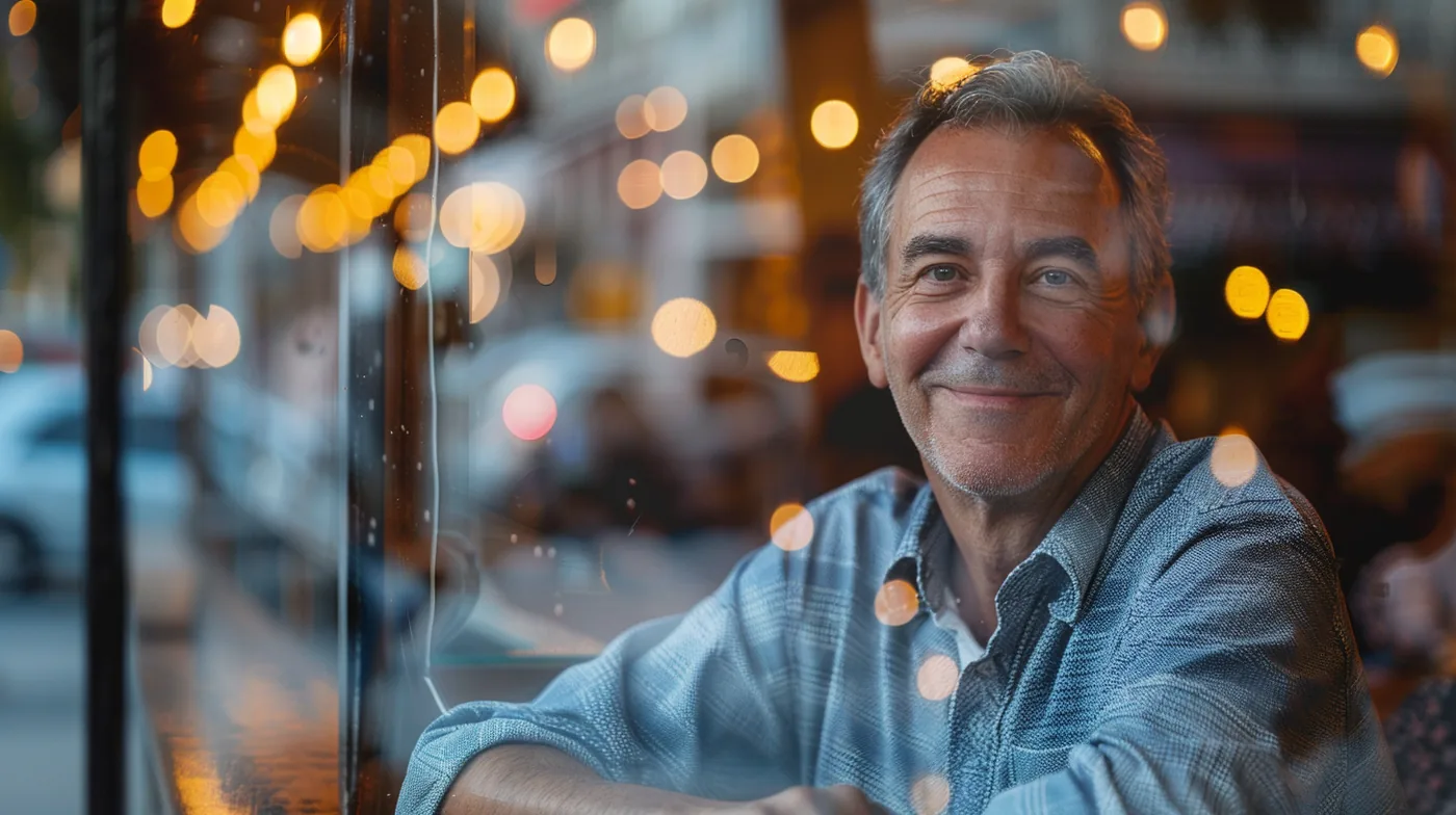 Hopeful middle-aged American man at a coffee shop window checking his rapid finance loan response on his phone