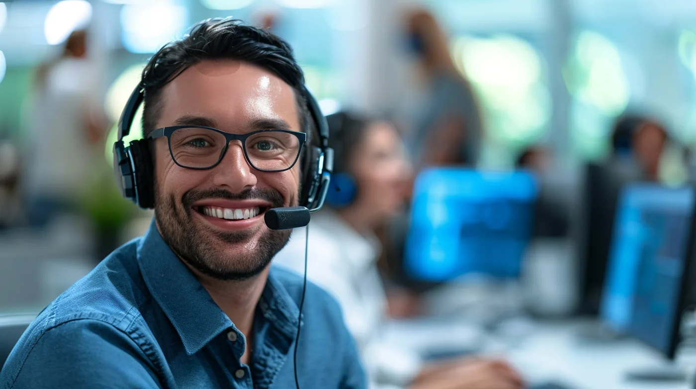 Friendly American support specialist with a headset answering rapid finance customer questions