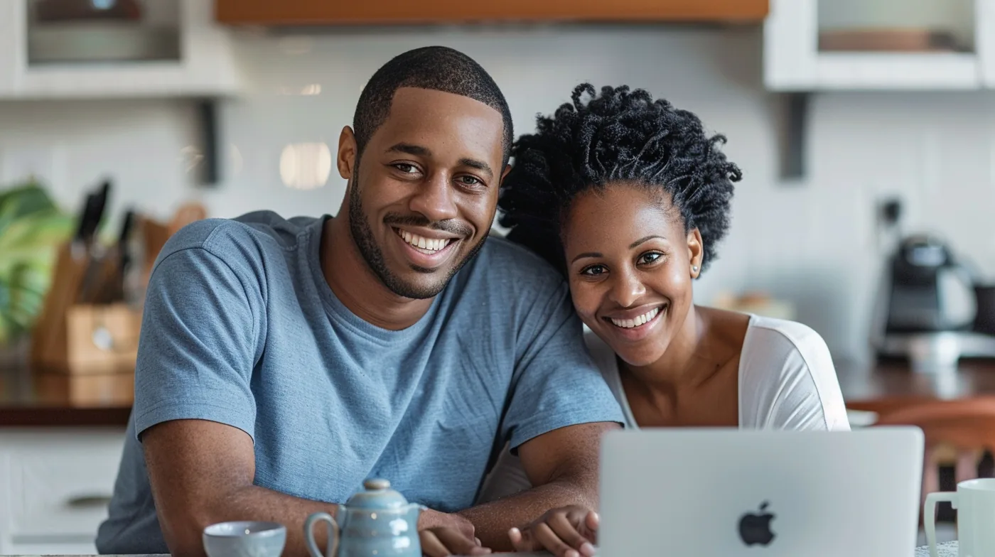 Confident American couple reviewing rapid finance loan options on a laptop at their kitchen table
