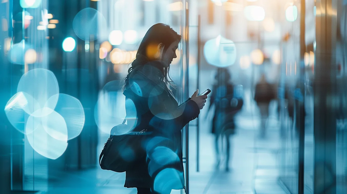 Young American professional woman leaving her office after arranging a rapid finance personal loan on her phone