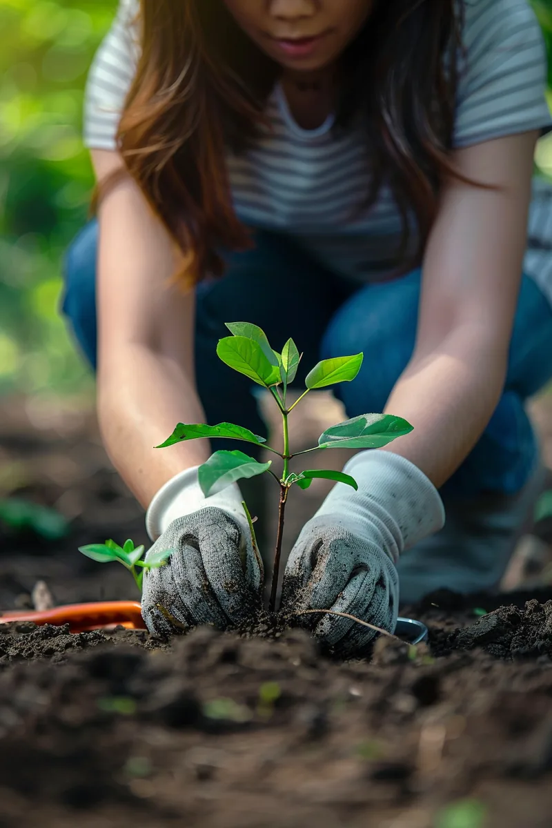 American woman planting a young sapling in fresh soil, a symbol of rebuilding credit through rapid finance