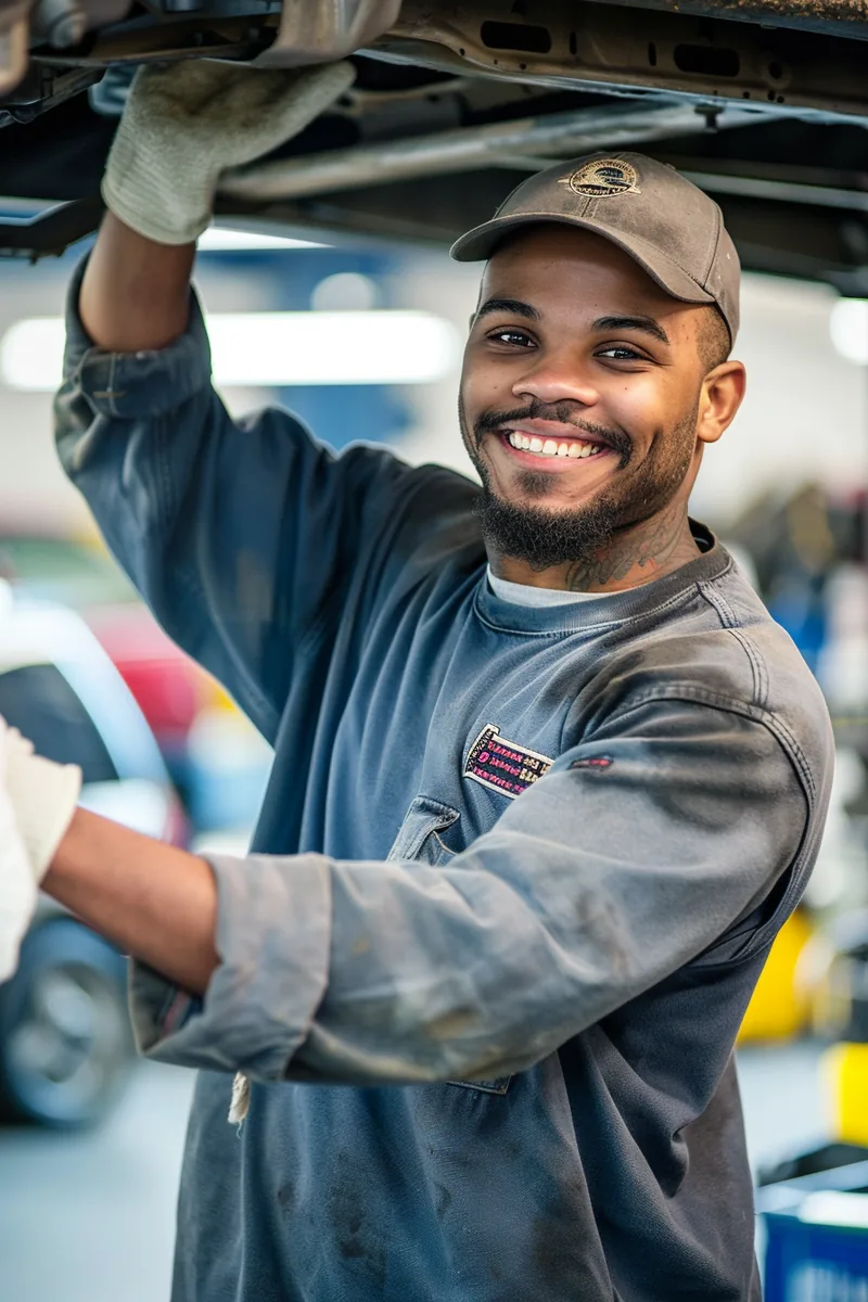 Proud American mechanic wiping his hands after finishing a repair, back to work with help from a bad credit rapid finance loan