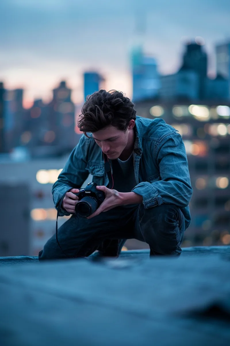 American photographer changing a camera lens on a rooftop, the editorial craft behind the rapid finance blog