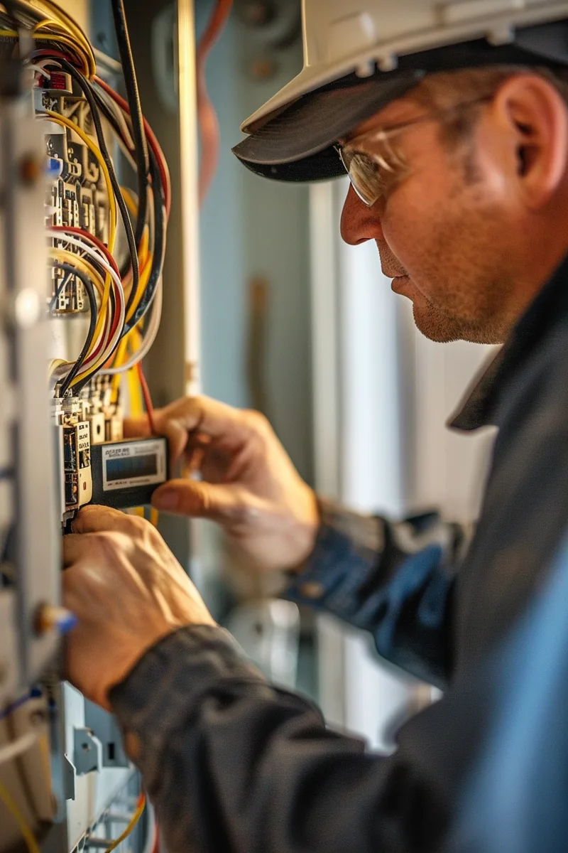 American electrician testing a breaker panel during an urgent home repair covered by a rapid finance emergency loan