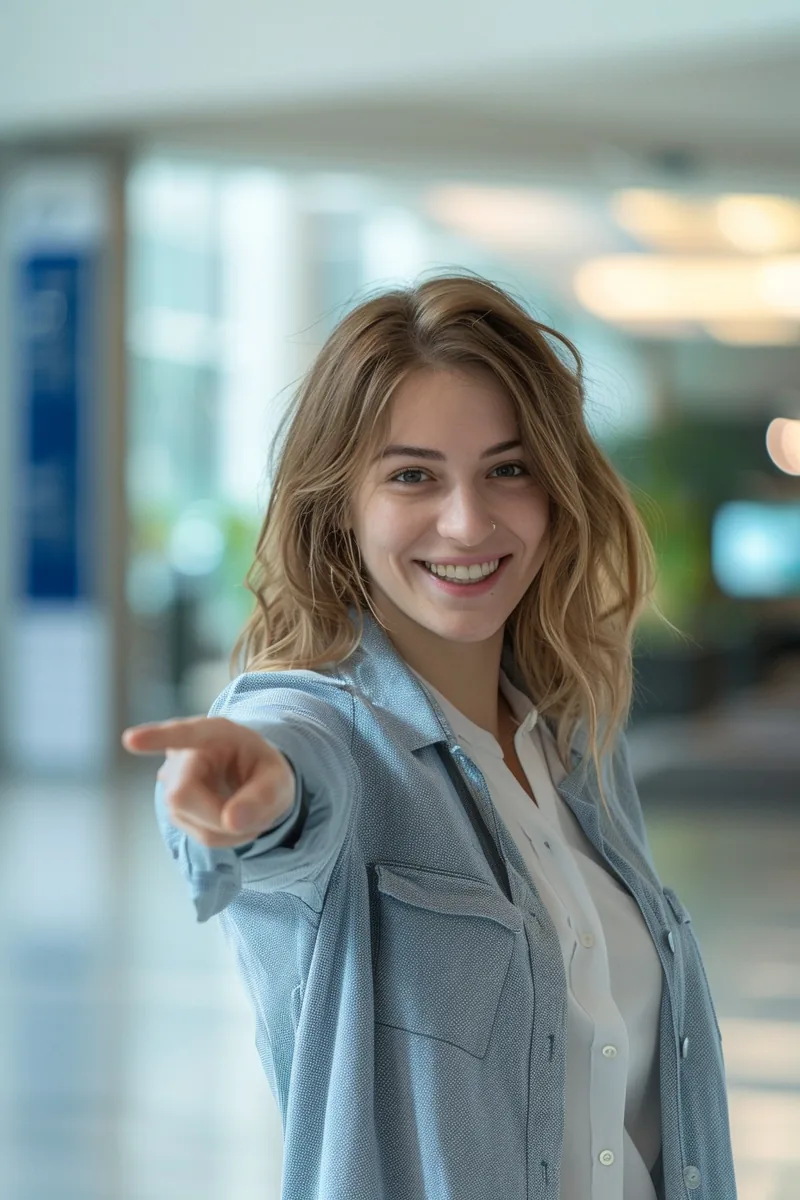American receptionist warmly pointing a visitor in the right direction, the spirit of rapid finance support