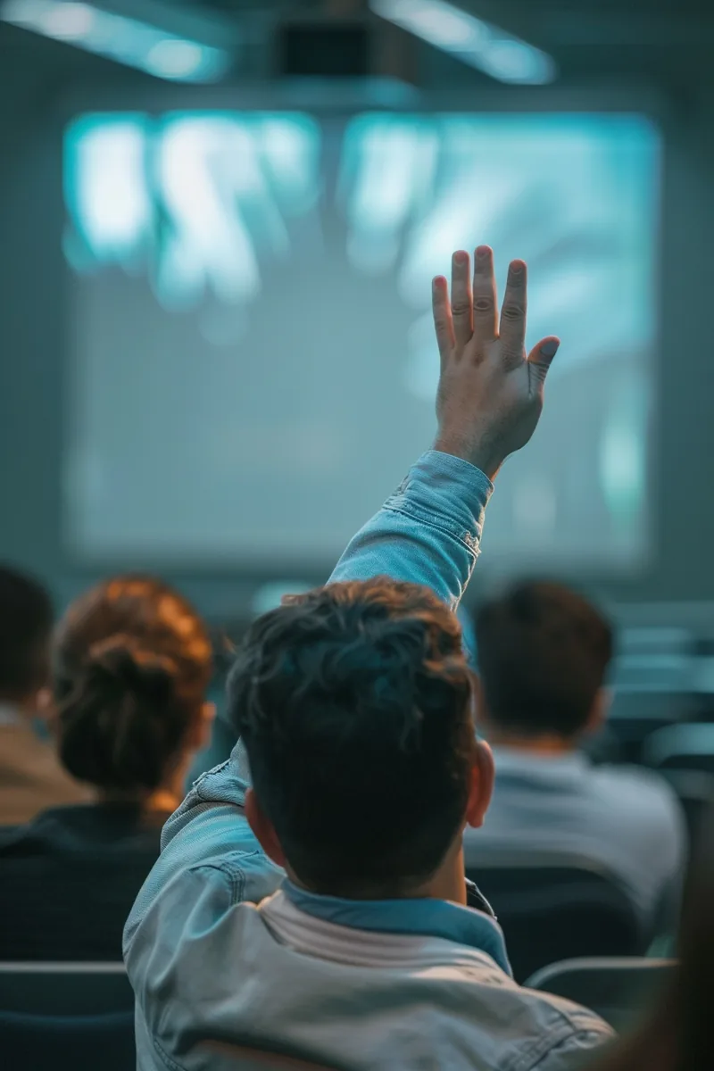 American man raising his hand with a question in a small seminar room
