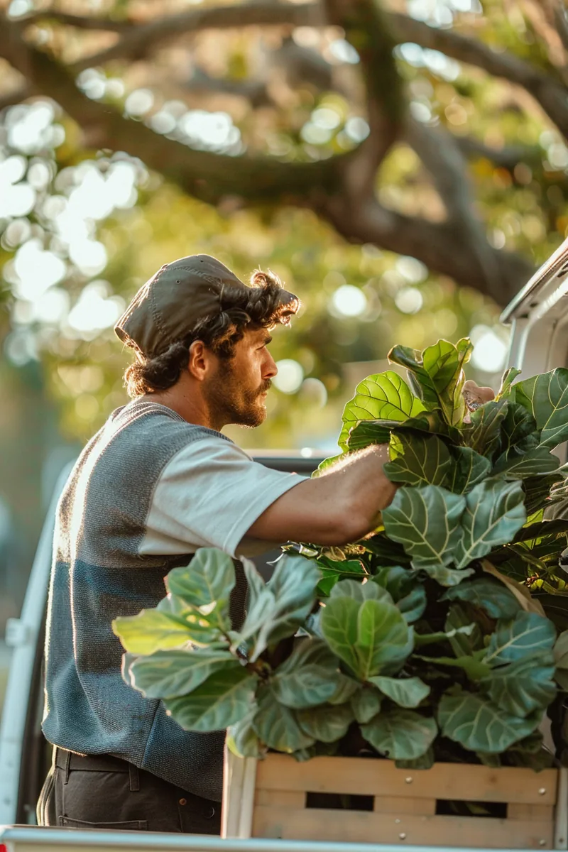 American man loading a potted fiddle leaf fig into a moving van on relocation day
