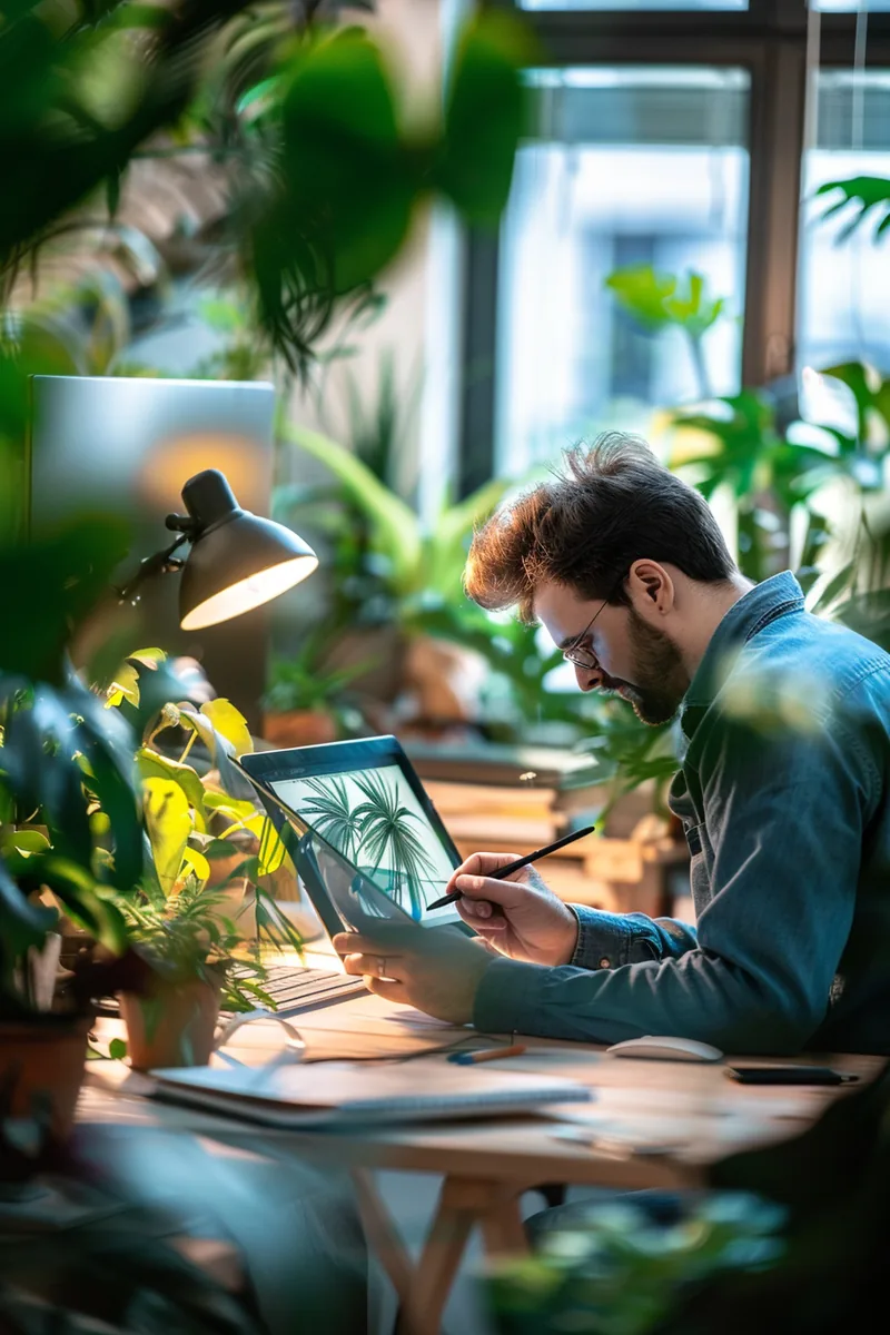 American graphic designer sketching on a tablet in her plant-filled studio, a career funded partly through rapid finance loans