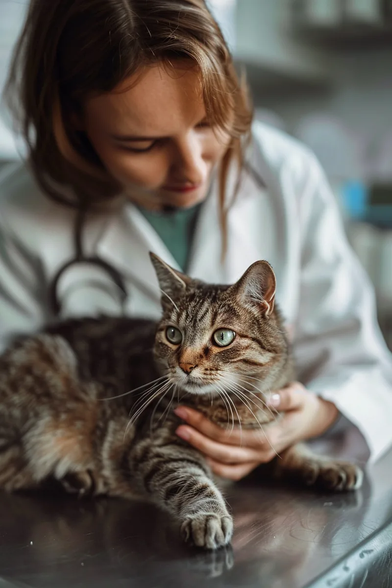 American veterinarian gently examining a tabby cat, the kind of care rapid finance pet loans help families afford