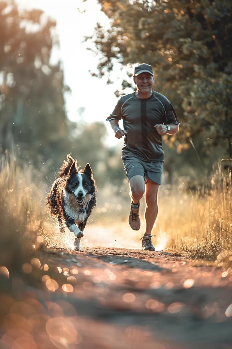 American man jogging with his healthy border collie along a lakeside trail, prevention as the best pet finance strategy