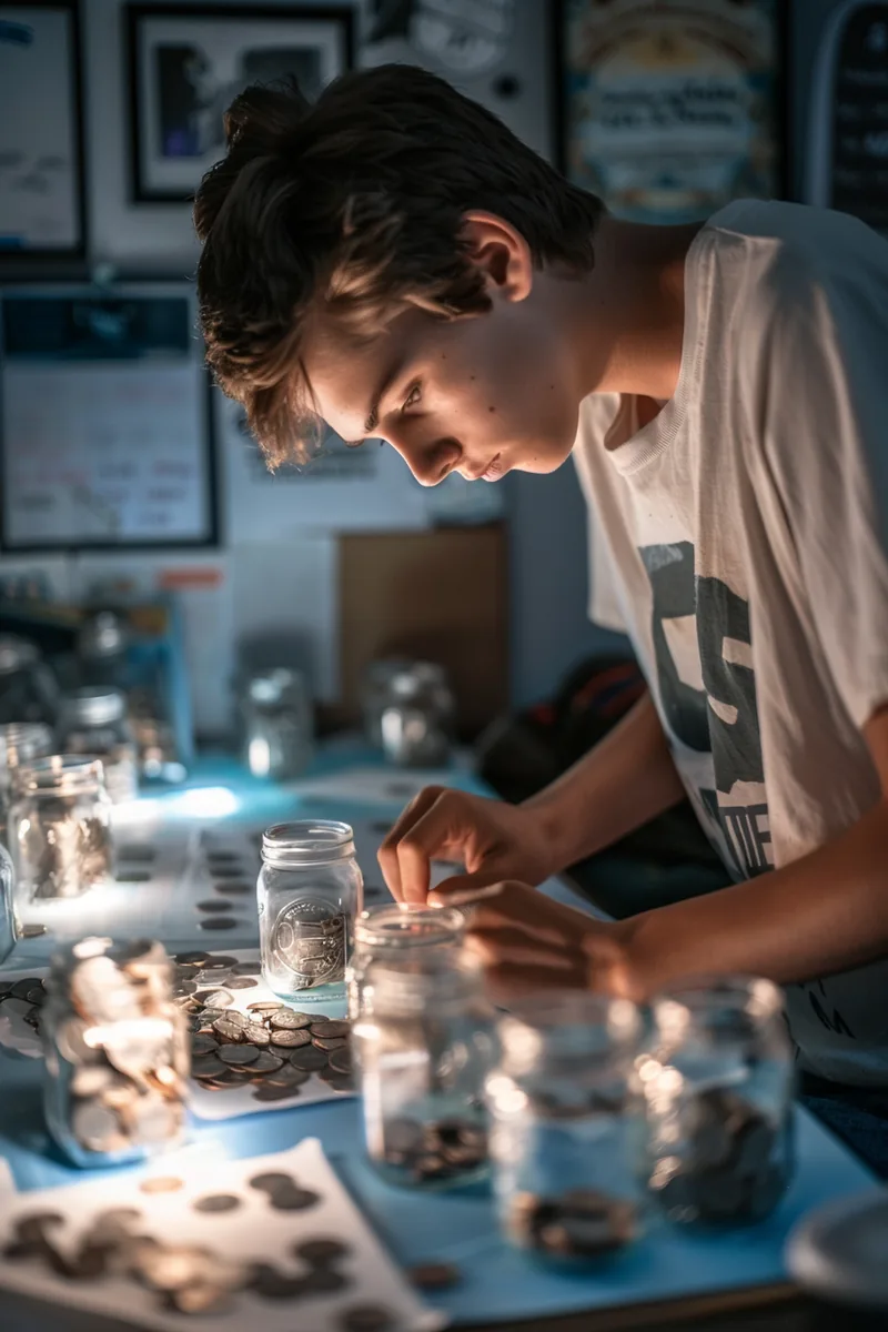 American teenager counting quarters into labeled mason jars, learning budgeting basics early