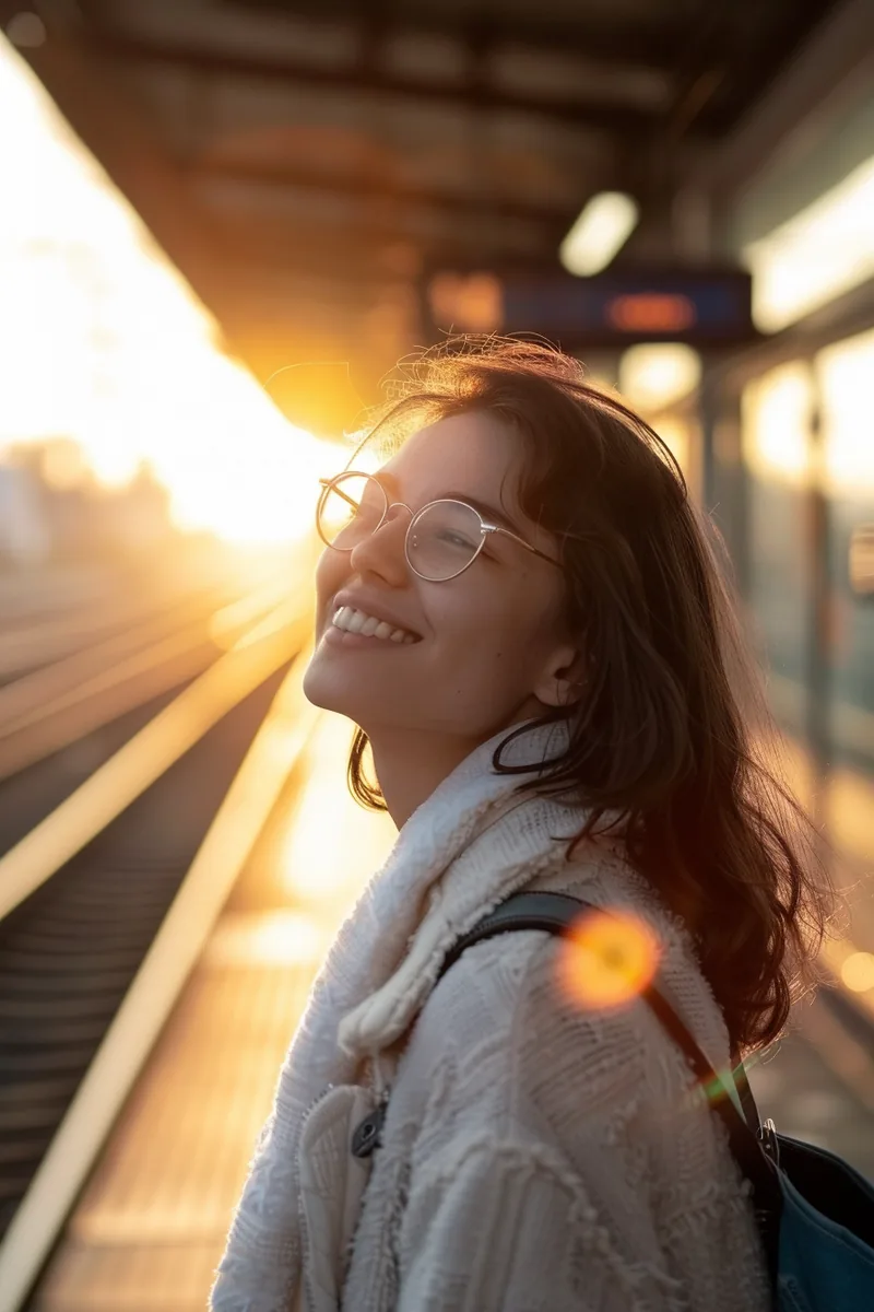 American commuter smiling at sunrise on a train platform after checking his improved credit score