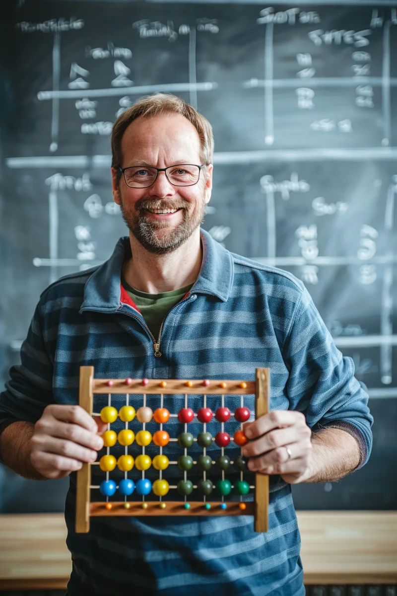 American math tutor holding a wooden abacus toward the camera, making APR arithmetic tangible