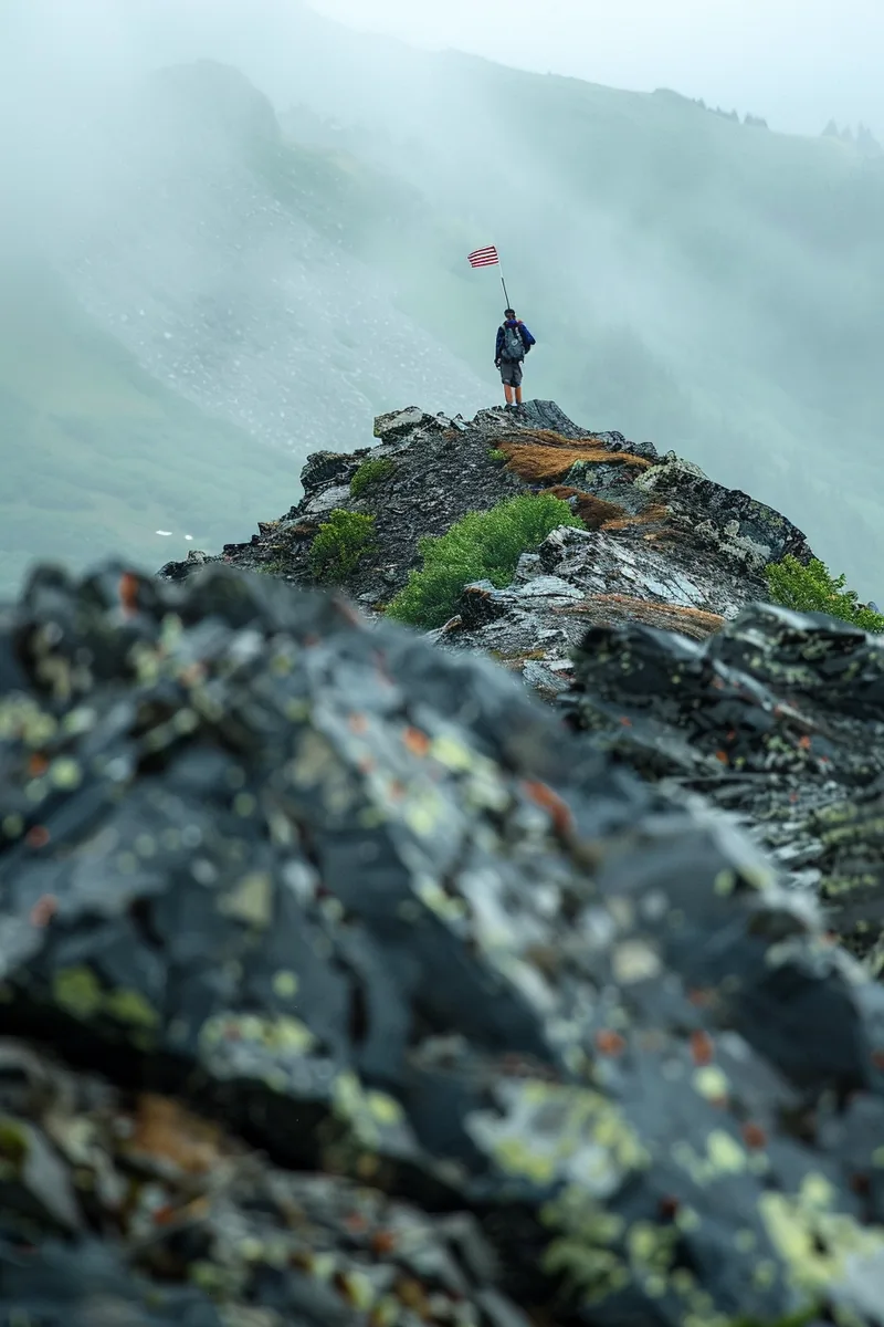 American hiker planting a small flag at a hilltop, the summit moment of a finished debt payoff