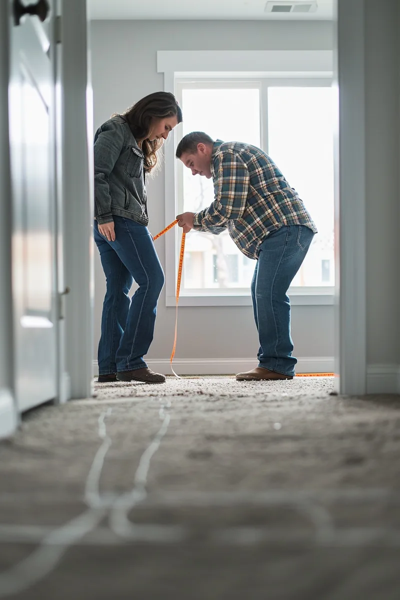 American couple measuring a doorway with a tape measure in their empty new apartment