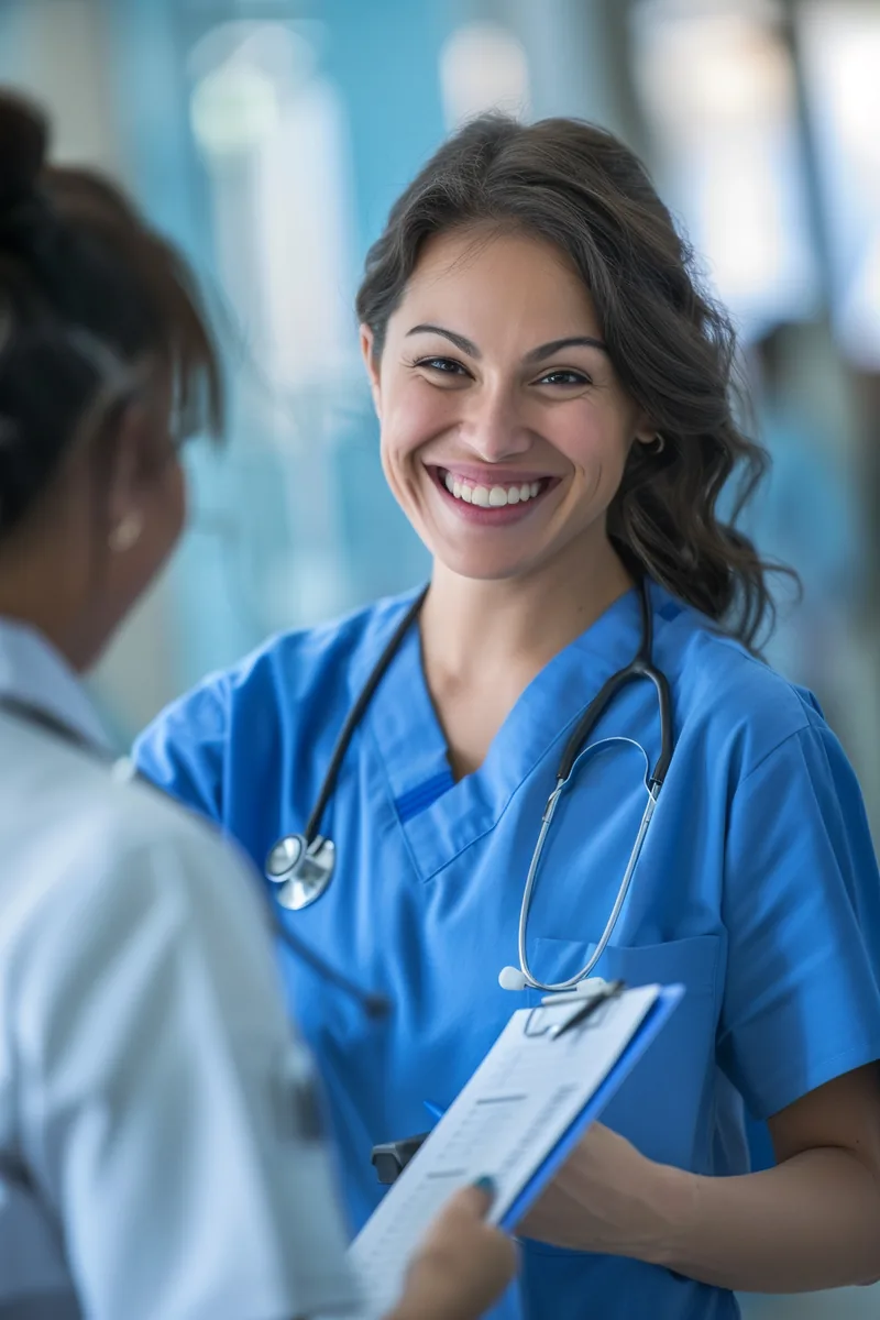 American nurse handing a clipboard and pen to a patient with a reassuring smile