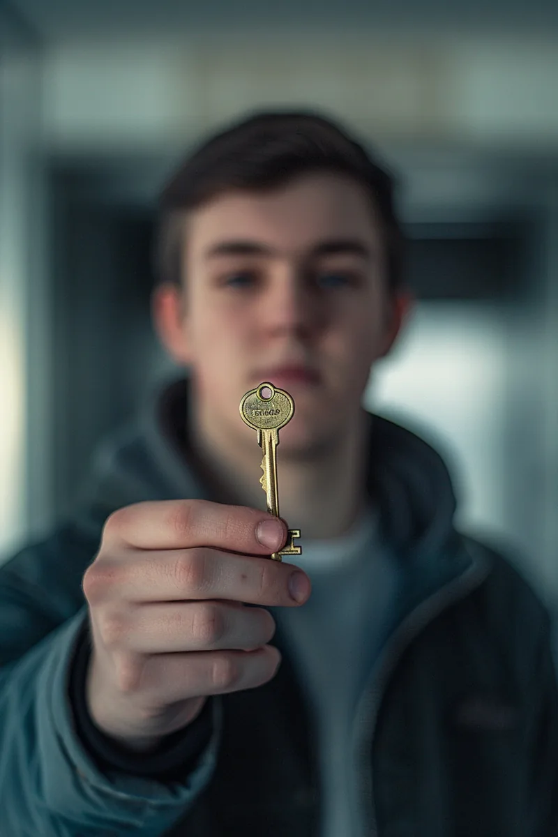 Young American man holding a single brass key up to the light, first borrowing done right