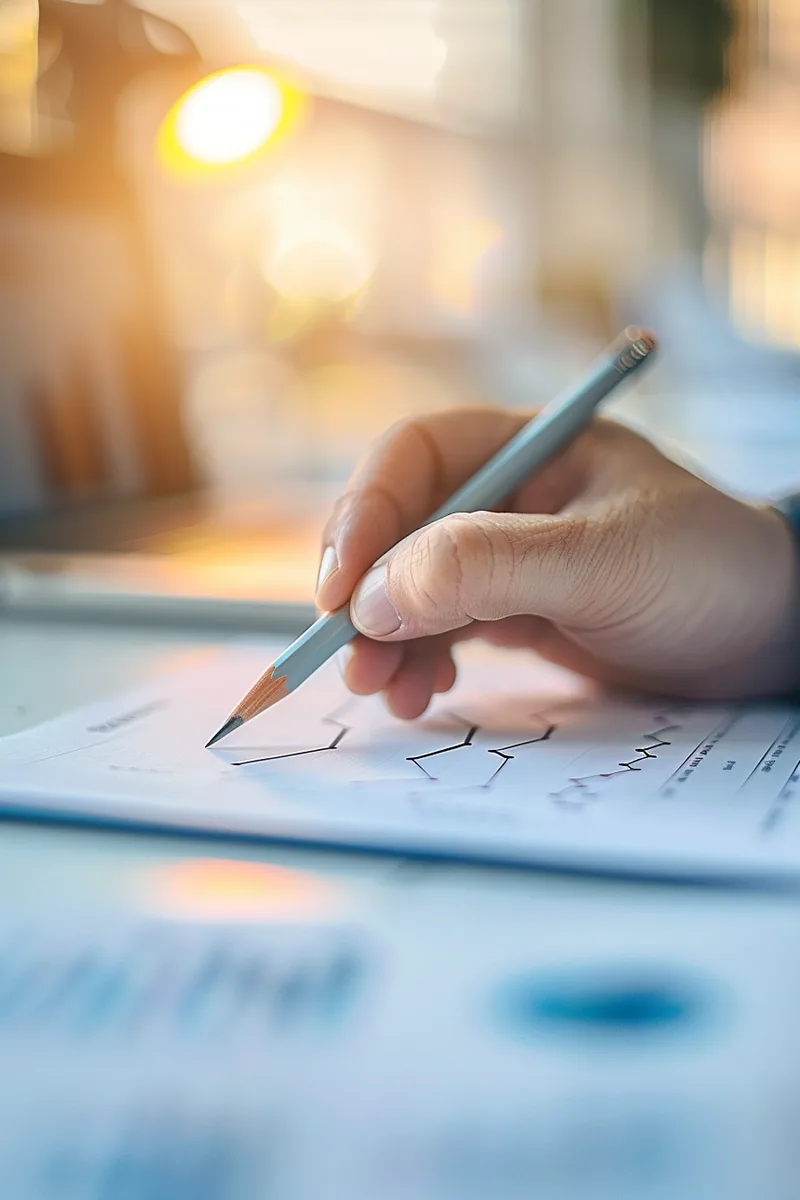 American analyst tracing a printed line chart with a pen at a tidy desk
