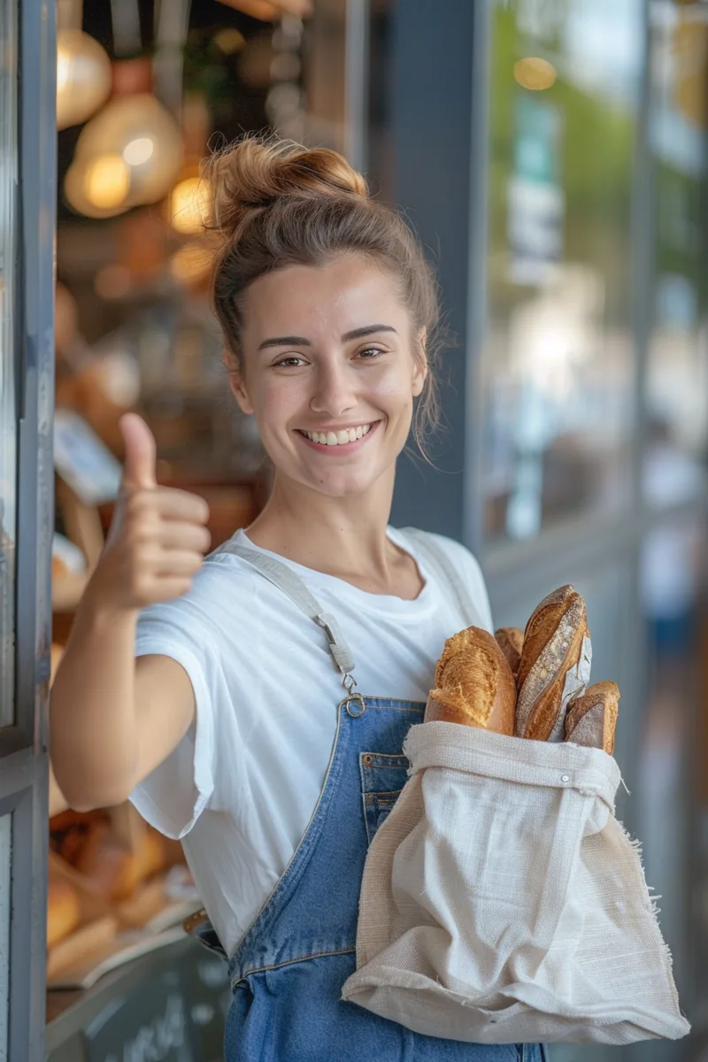 American woman giving an enthusiastic thumbs up outside a bakery after her positive rapid finance experience