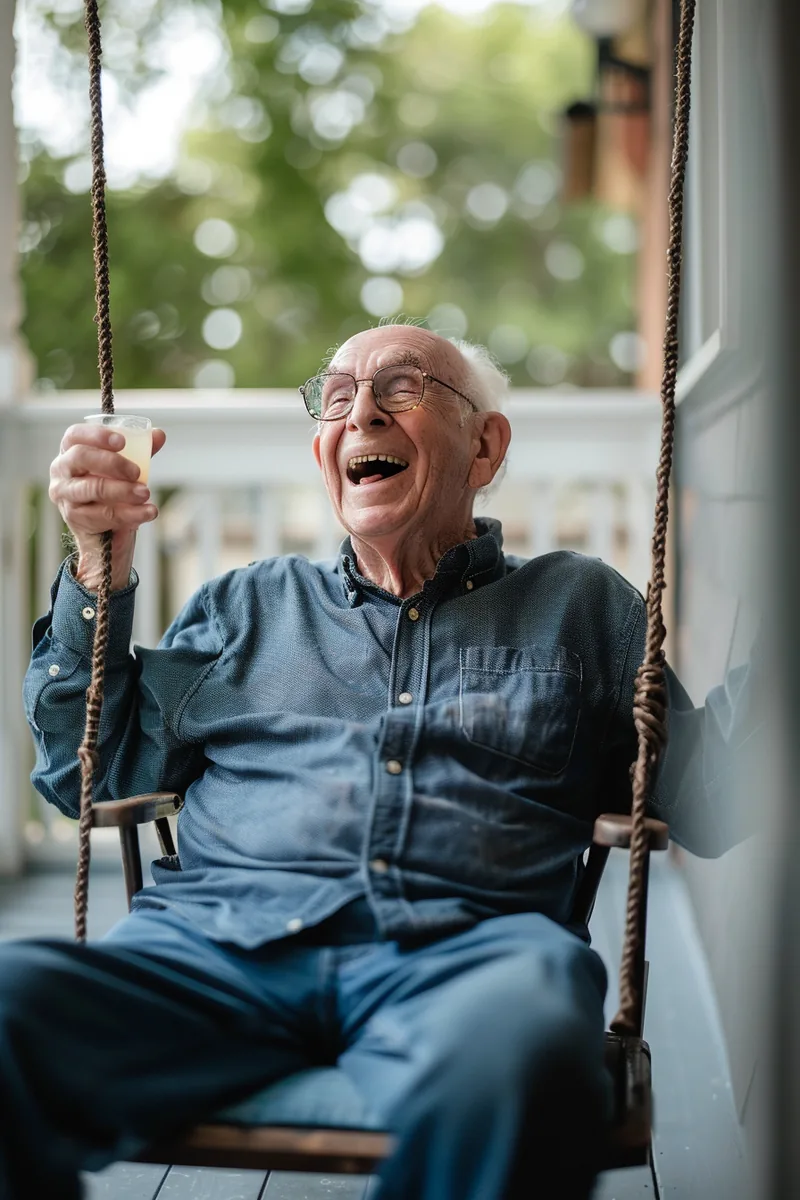 Elderly American man laughing on his porch swing with lemonade, enjoying financial peace of mind